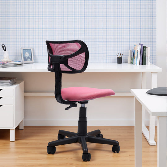 Pink small mesh office chair with breathable backrest and ergonomic design for office work.