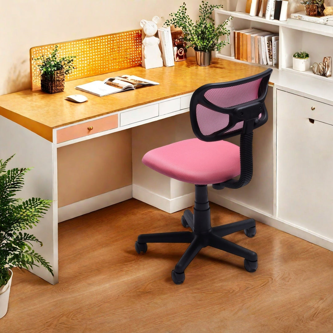 Pink small mesh office chair with breathable backrest and ergonomic design for office work.