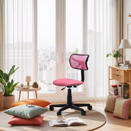 Pink small mesh office chair with breathable backrest and ergonomic design for office work.