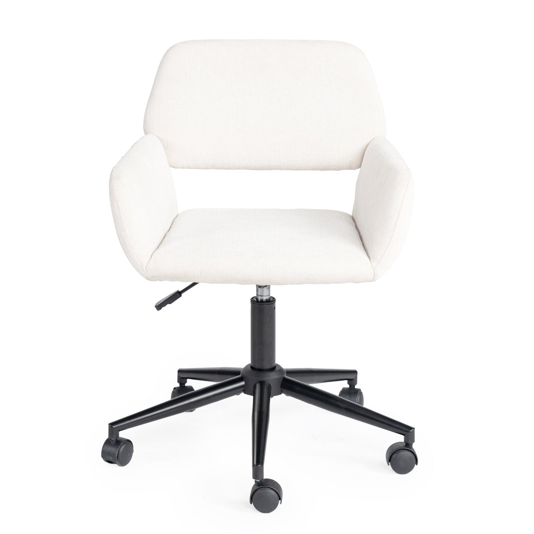 ross ergonomic chair - beige chenille fabric upholstery - black metal legs -minimalist chic modern style