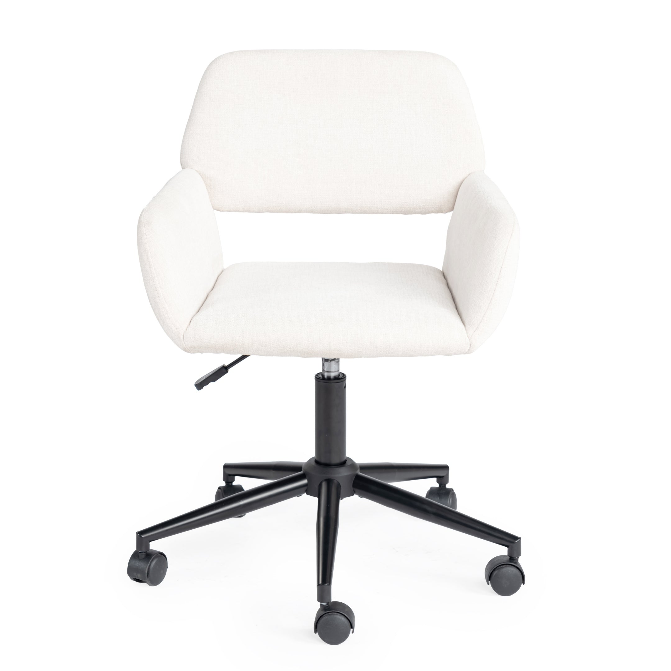 ross ergonomic chair - beige chenille fabric upholstery - black metal legs -minimalist chic modern style