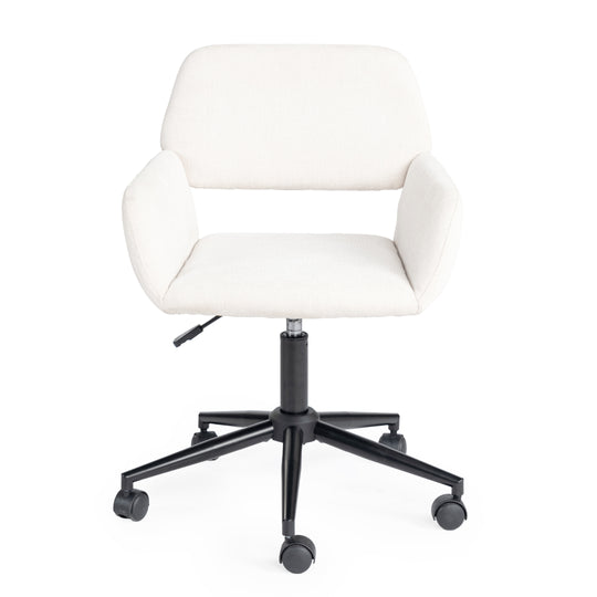 ross ergonomic chair - beige chenille fabric upholstery - black metal legs -minimalist chic modern style