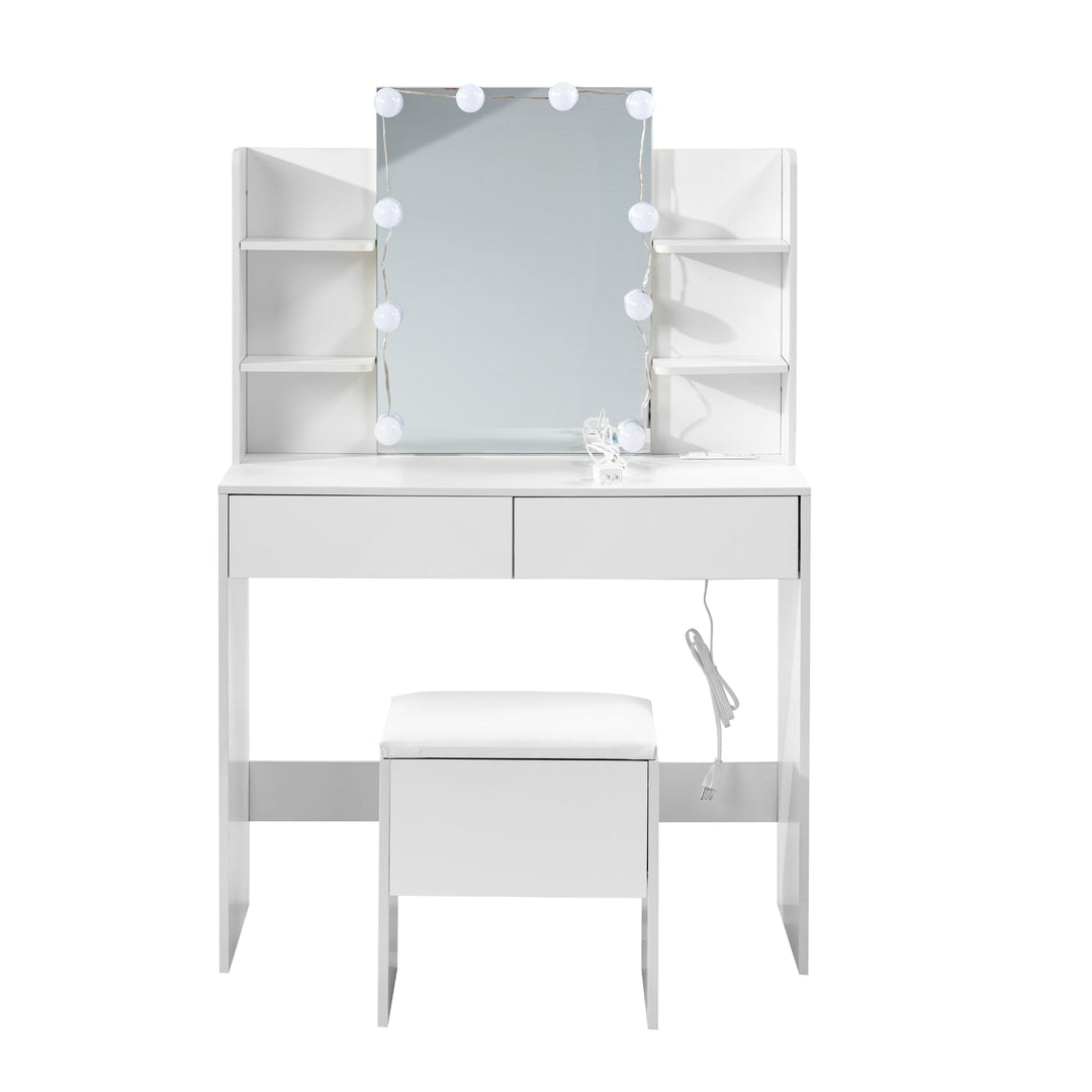 Slan Sleek style Modern White Vanity Table with Mirror and LED Lights-HOMY CASA