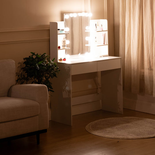 Slan Modern White Vanity Set with 7 Colors LED Mirror & Stool