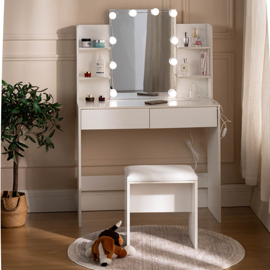 Slan Modern White Vanity Set with 7 Colors LED Mirror & Stool