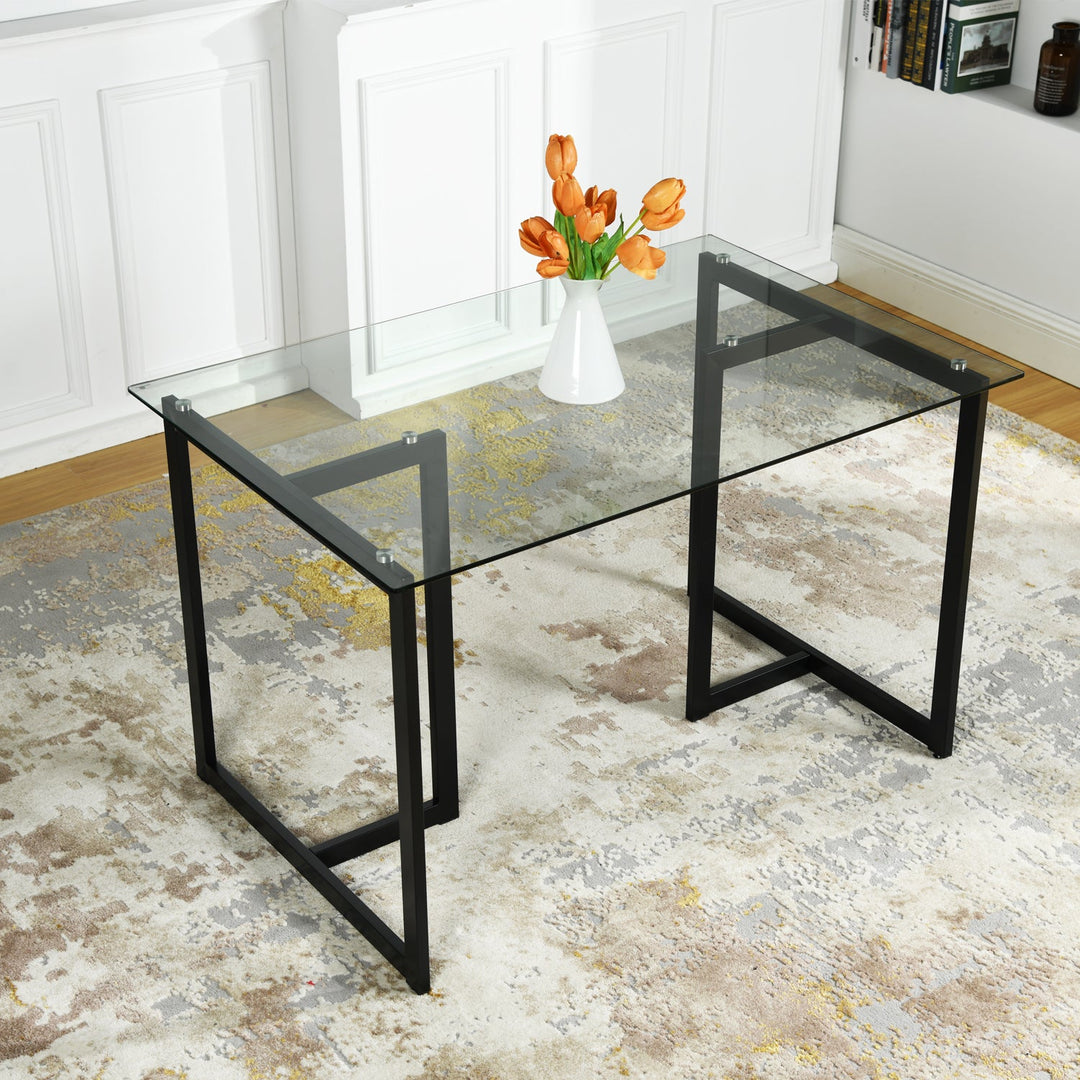 Slip Glass Dining Table – Sleek Glass Top, Metal Base, Modern Design