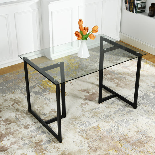 Slip Glass Dining Table – Sleek Glass Top, Metal Base, Modern Design