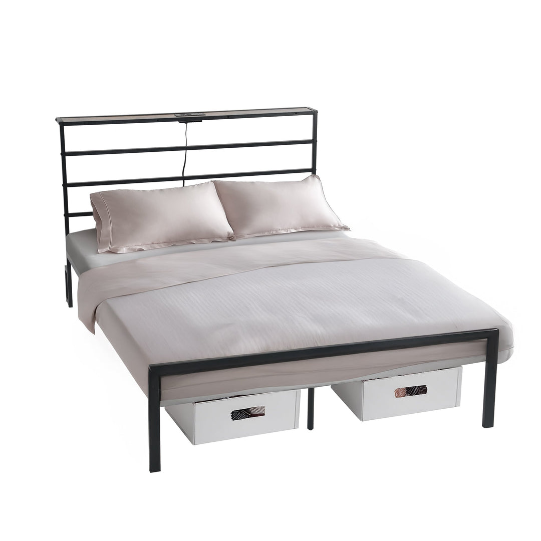 bed frame with crimson MDF headboard - open narrow shelf on headboard - usb charging outlet - easy assembly - modern design for bedroom