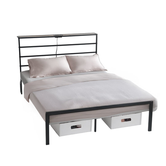 bed frame with crimson MDF headboard - open narrow shelf on headboard - usb charging outlet - easy assembly - modern design for bedroom