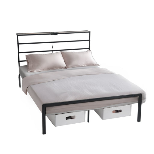bed frame with crimson MDF headboard - open narrow shelf on headboard - usb charging outlet - easy assembly - modern design for bedroom