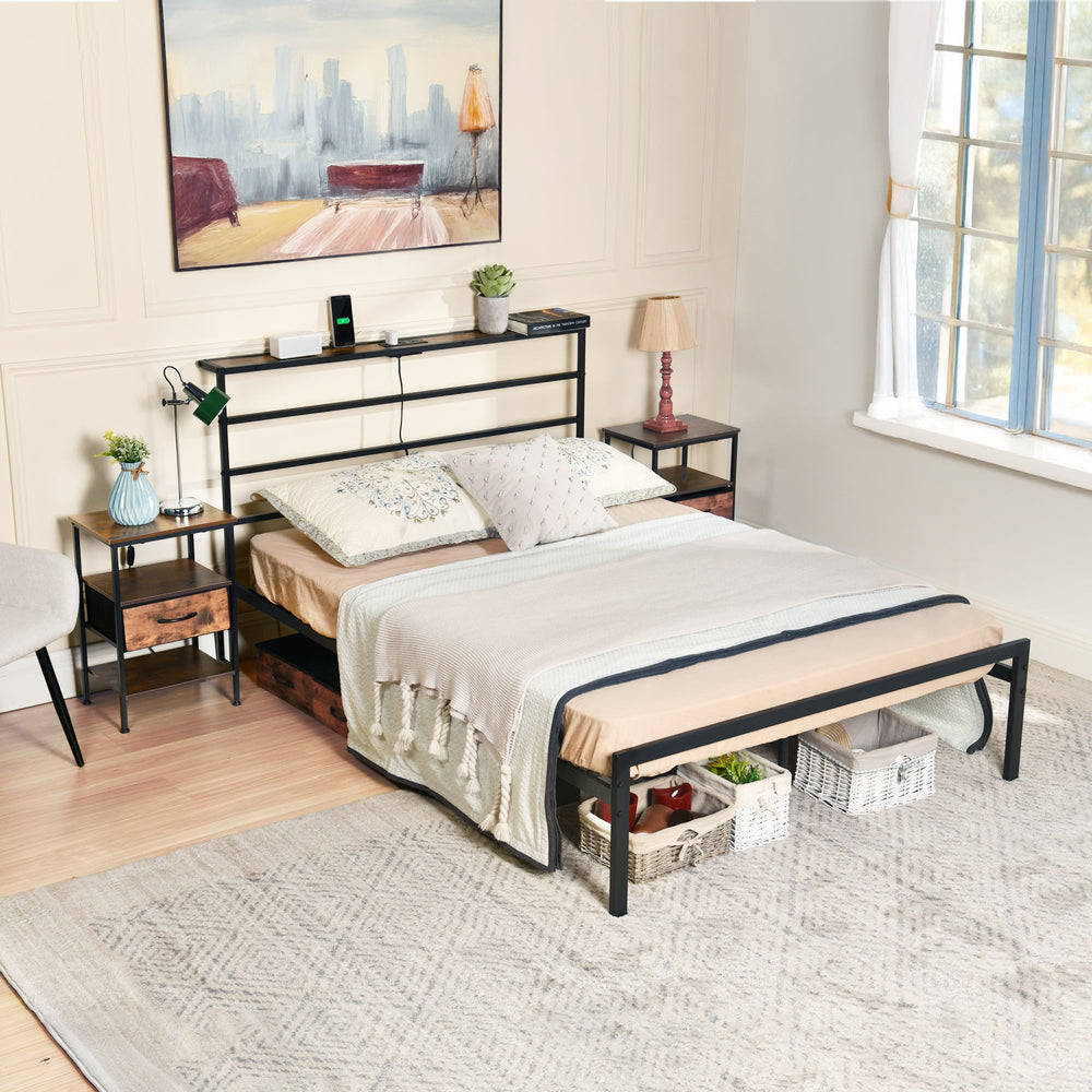 bed frame with crimson MDF headboard - open narrow shelf on headboard - usb charging outlet - easy assembly - modern design for bedroom