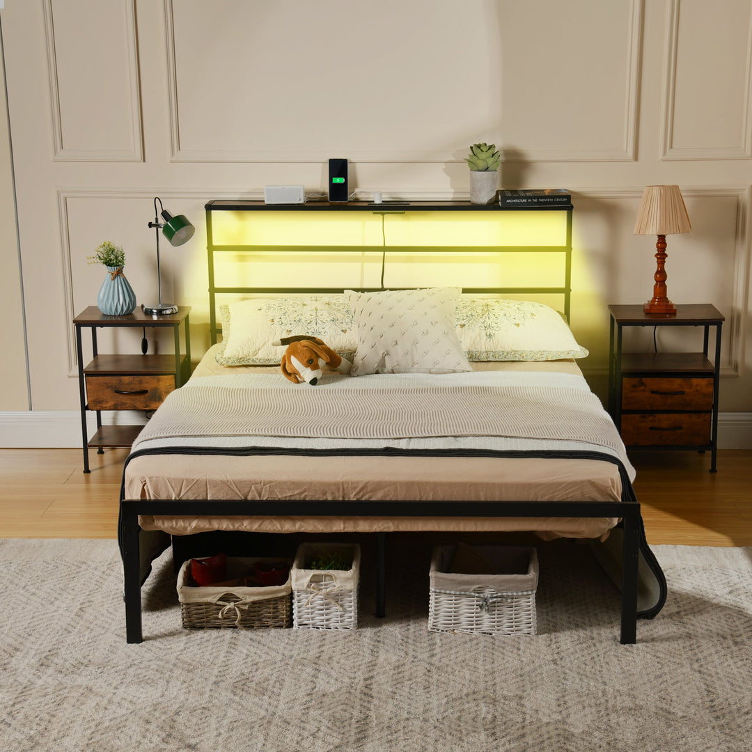 bed frame with crimson MDF headboard - open narrow shelf on headboard - usb charging outlet - easy assembly - modern design for bedroom