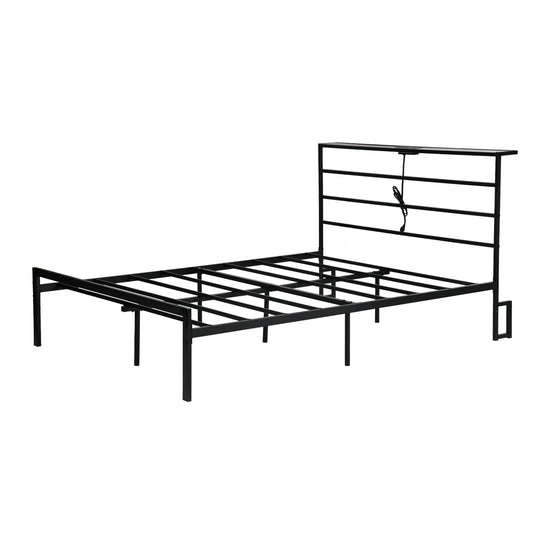 bed frame with crimson MDF headboard - open narrow shelf on headboard - usb charging outlet - easy assembly - modern design for bedroom