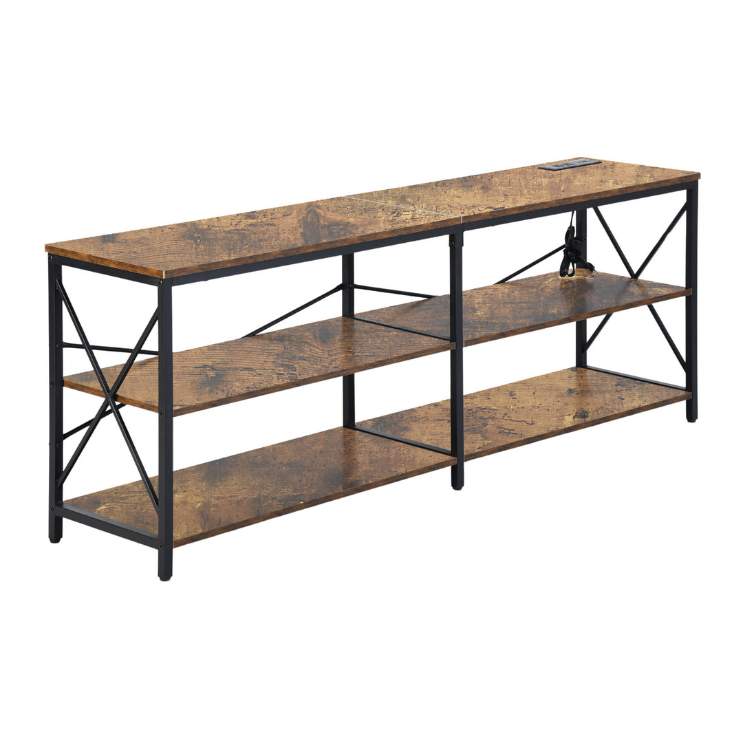 taryn 3-tier shelf with power outlets - enterterment shelf unit - black metal frame with wooden top - modern and functional for living room or office