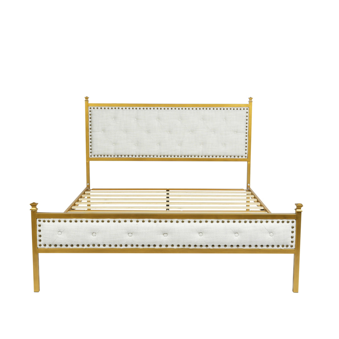 Velda Elegant Upholstered Queen Bed Frame in Beige with Gold Accents-HOMY CASA