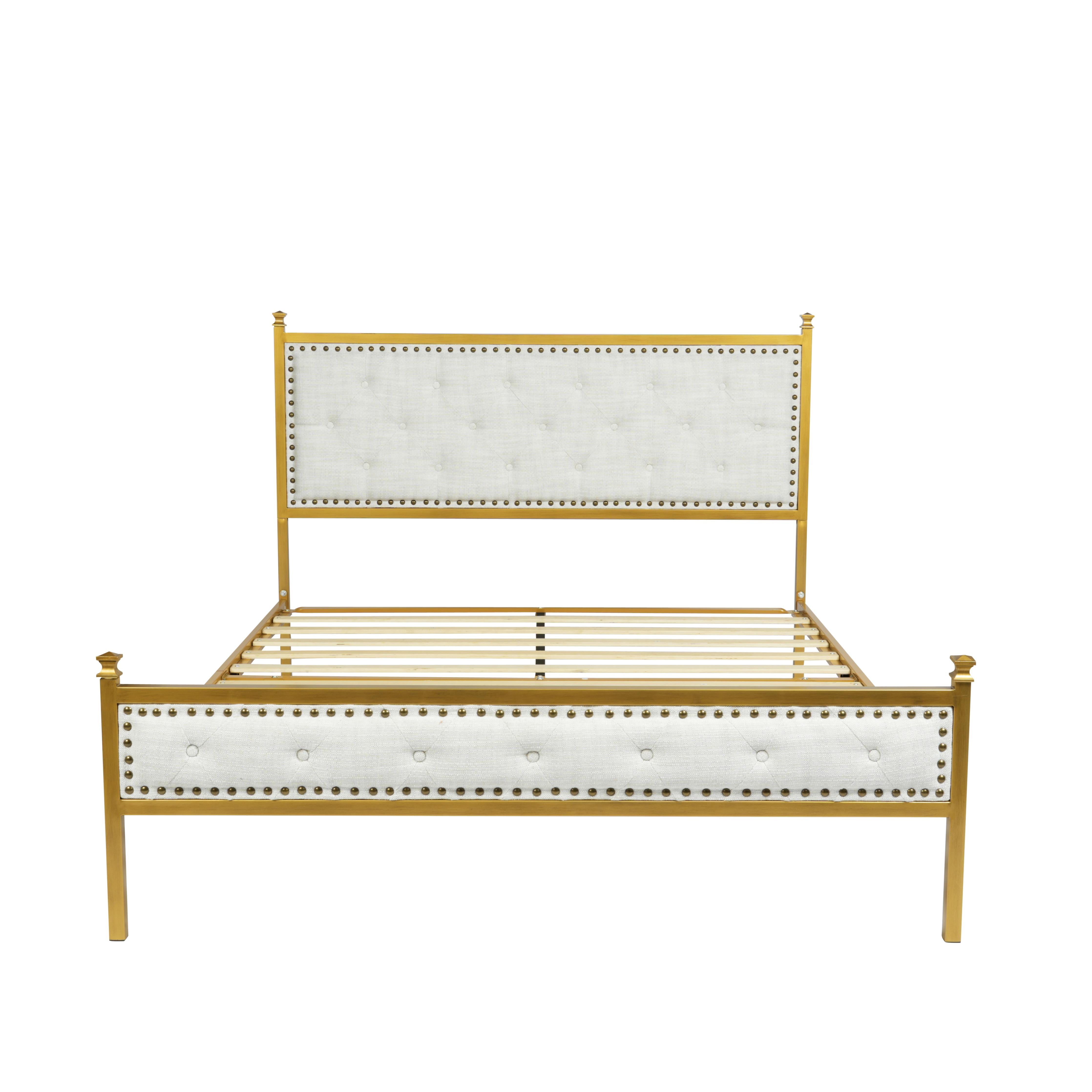 Velda Elegant Upholstered Queen Bed Frame in Beige with Gold Accents-HOMY CASA