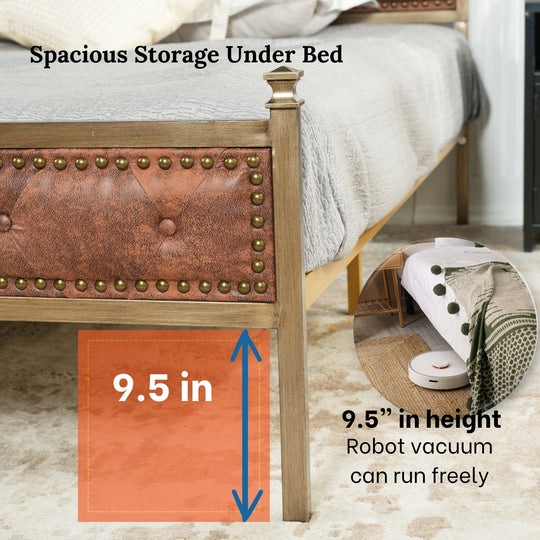 Velda Elegant Upholstered Queen Bed Frame in Beige with Gold Accents