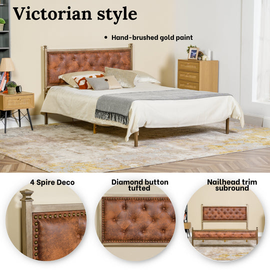 Velda Elegant Upholstered Queen Bed Frame in Beige with Gold Accents