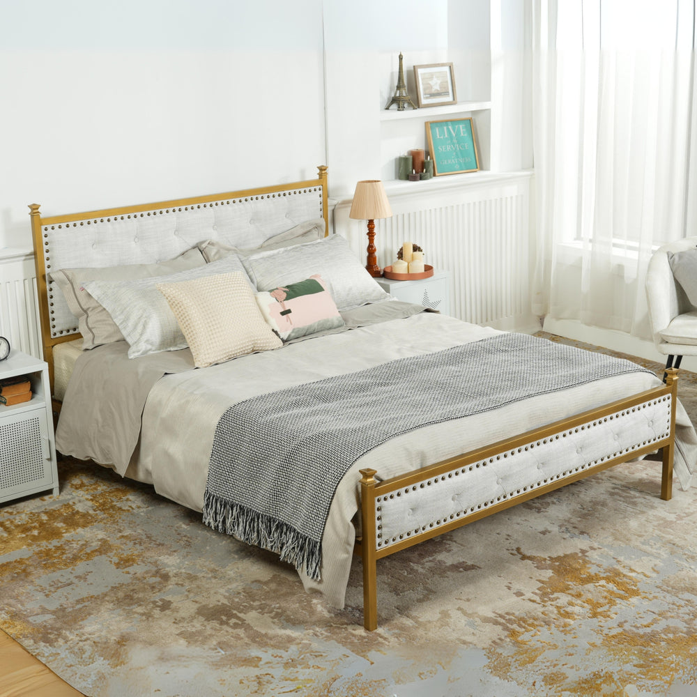 Velda Elegant Upholstered Queen Bed Frame in Beige with Gold Accents