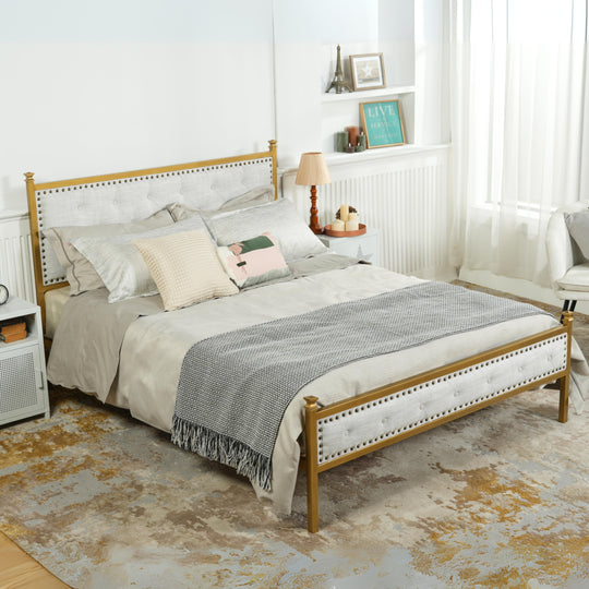 Velda Elegant Upholstered Queen Bed Frame in Beige with Gold Accents