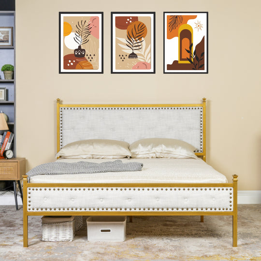 Velda Elegant Upholstered Queen Bed Frame in Beige with Gold Accents