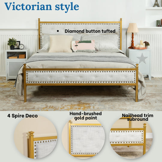 Velda Elegant Upholstered Queen Bed Frame in Beige with Gold Accents