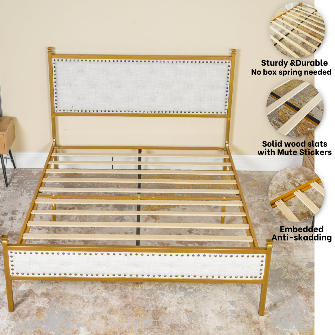 Velda Elegant Upholstered Queen Bed Frame in Beige with Gold Accents