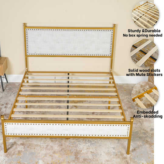 Velda Elegant Upholstered Queen Bed Frame in Beige with Gold Accents