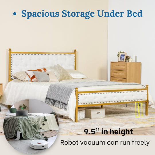 Velda Elegant Upholstered Queen Bed Frame in Beige with Gold Accents