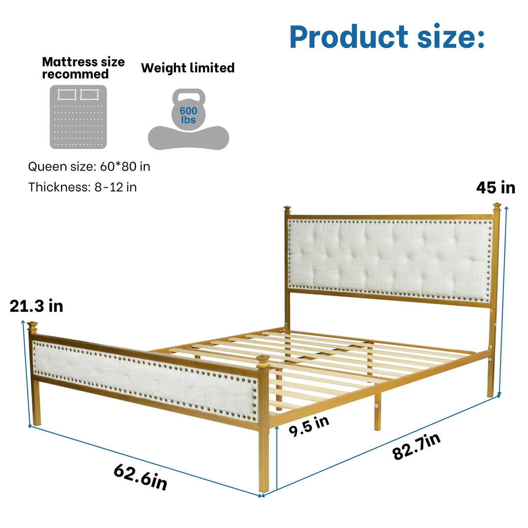 Velda Elegant Upholstered Queen Bed Frame in Beige with Gold Accents