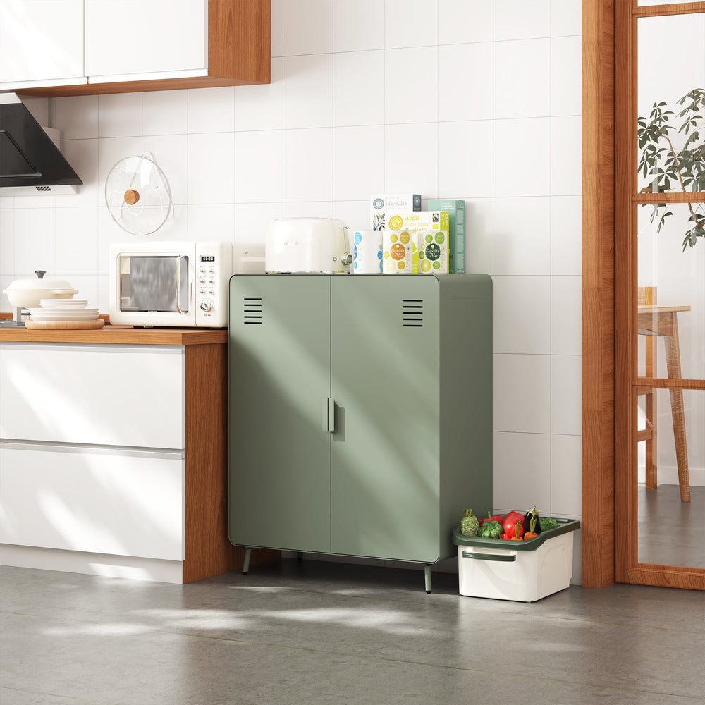 walnut 2-door cabinet - grey metal - sleek storage for living room or office