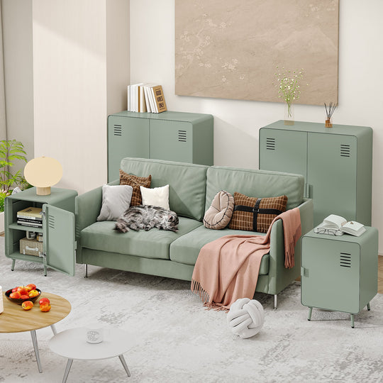 walnut 2-door cabinet - grey metal - sleek storage for living room or office