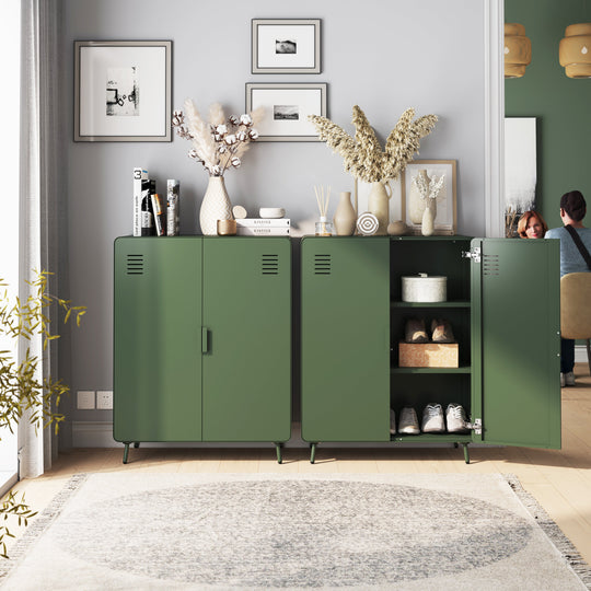 walnut 2-door cabinet - green metal - sleek storage for living room or office