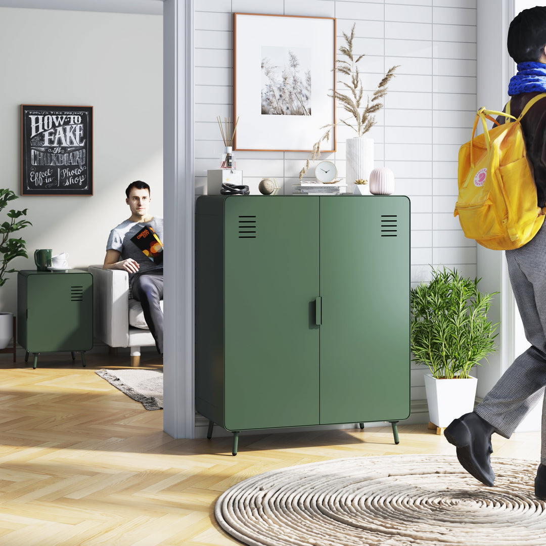 walnut 2-door cabinet - green metal - sleek storage for living room or office