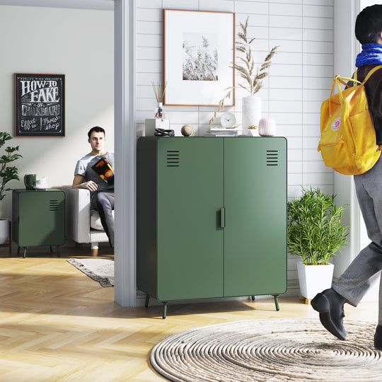 walnut 2-door cabinet - green metal - sleek storage for living room or office