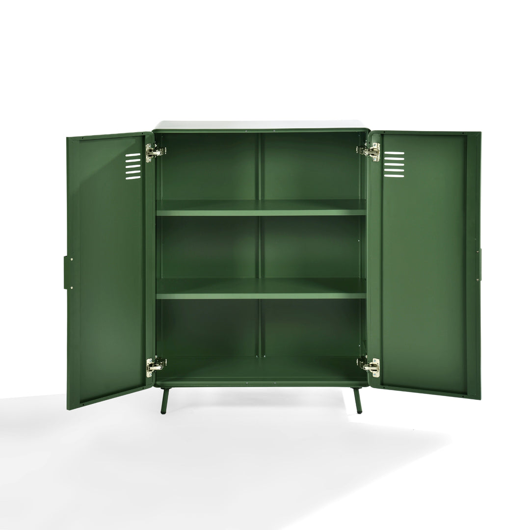 walnut 2-door cabinet - green metal - sleek storage for living room or office