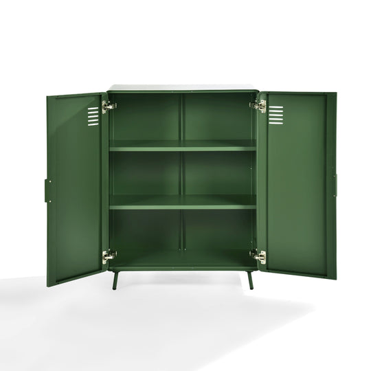 walnut 2-door cabinet - green metal - sleek storage for living room or office