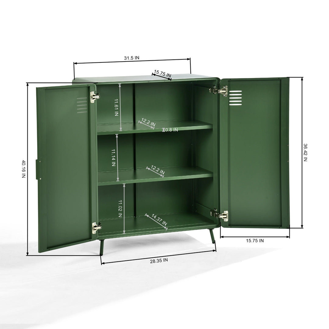 walnut 2-door cabinet - green metal - sleek storage for living room or office