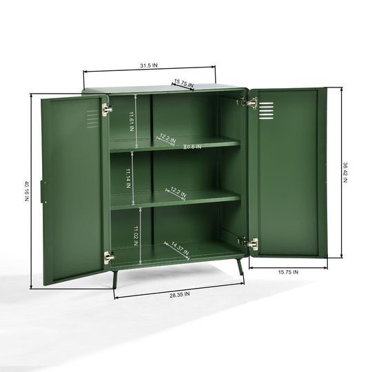 walnut 2-door cabinet - green metal - sleek storage for living room or office