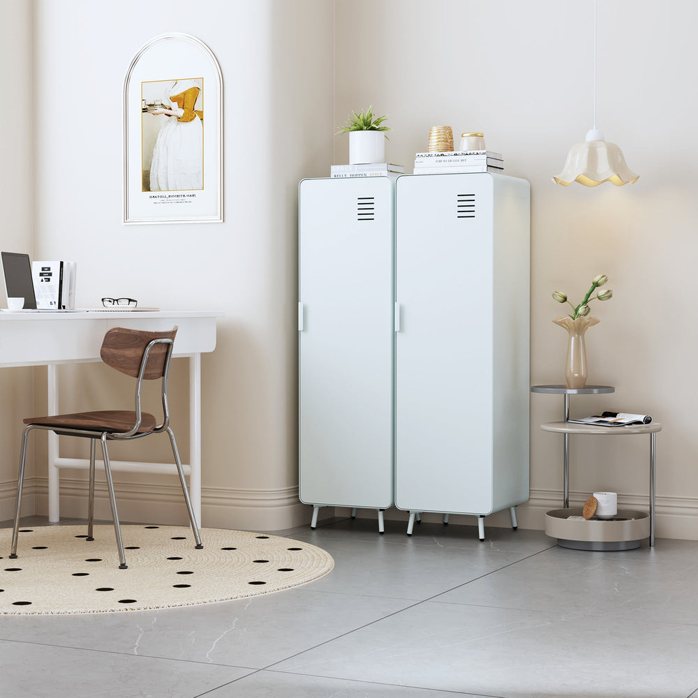 walnut locker cabinet - blue metal - modern storage for bedroom or home office