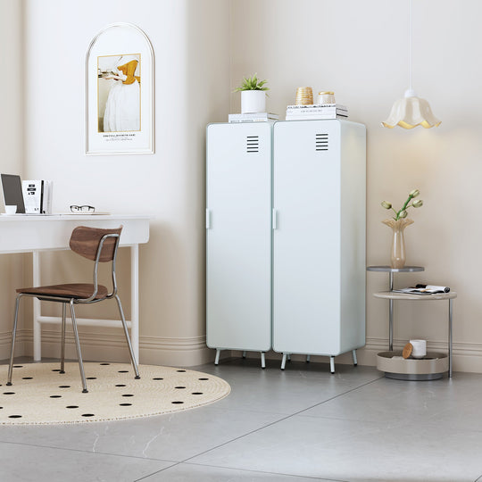 walnut locker cabinet - blue metal - modern storage for bedroom or home office