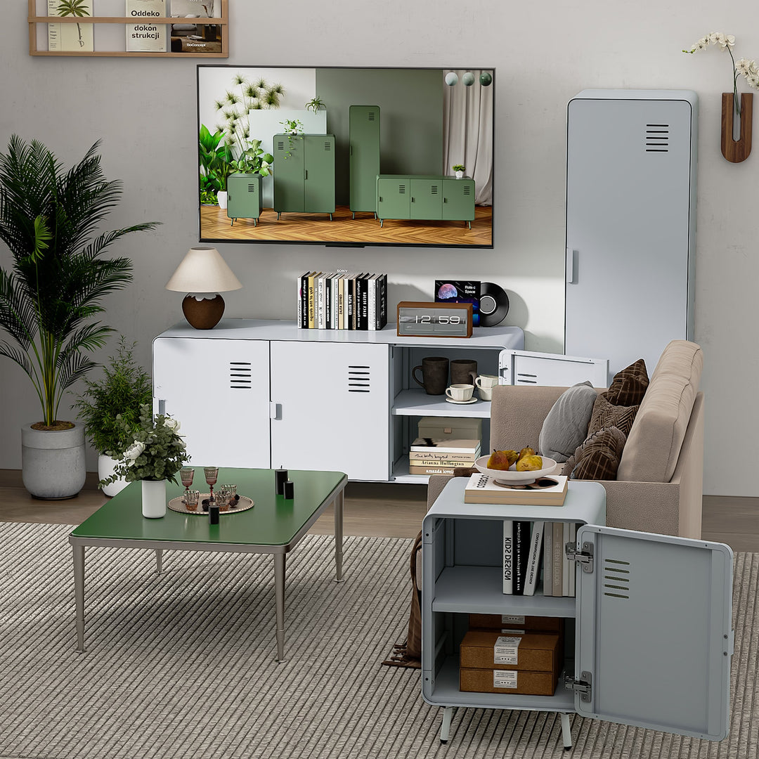 walnut locker cabinet - blue metal - modern storage for bedroom or home office