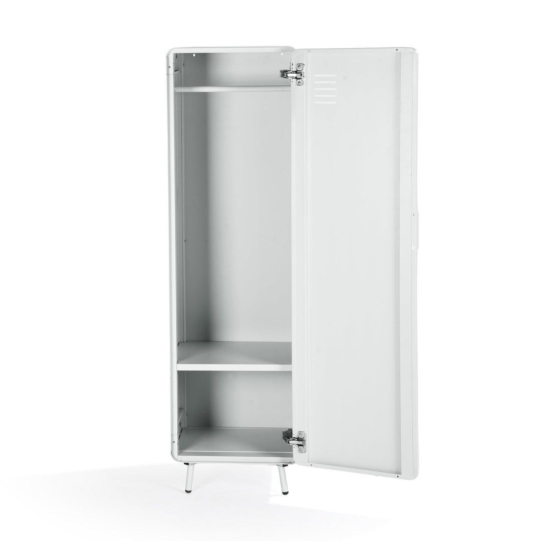 walnut locker cabinet - blue metal - modern storage for bedroom or home office