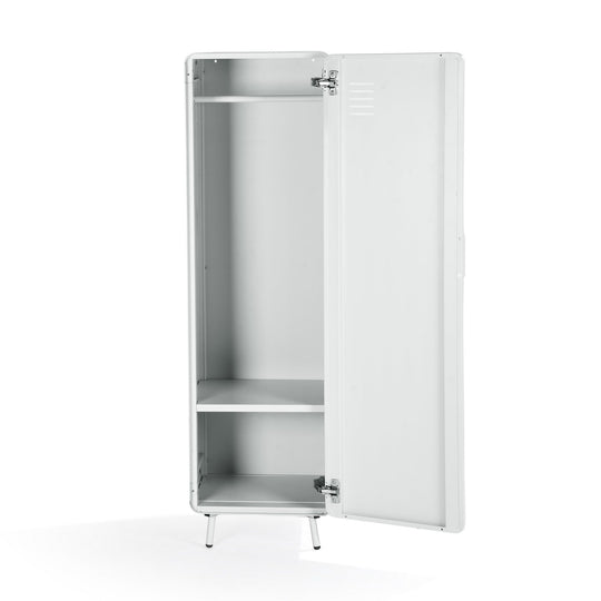 walnut locker cabinet - blue metal - modern storage for bedroom or home office