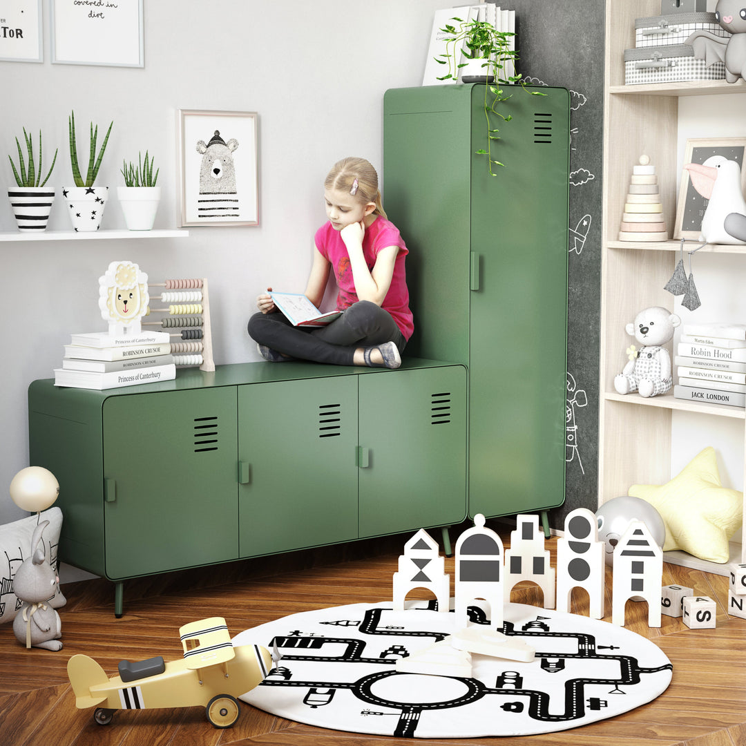 walnut locker cabinet - green metal - modern storage for bedroom or home office
