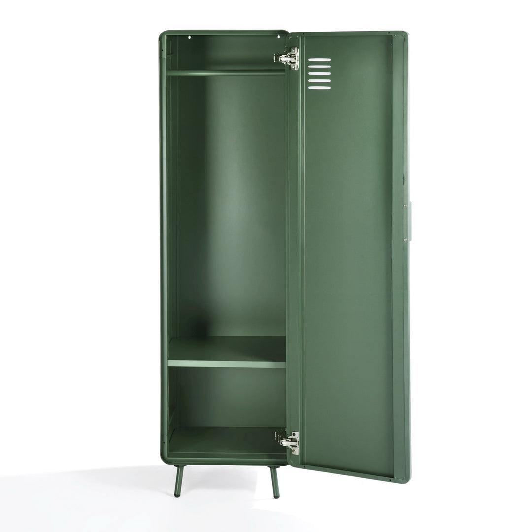 walnut locker cabinet - green metal - modern storage for bedroom or home office