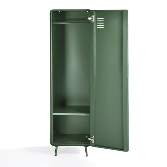 walnut locker cabinet - green metal - modern storage for bedroom or home office