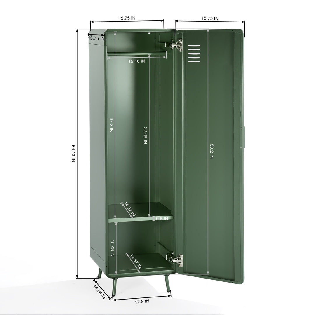 walnut locker cabinet - green metal - modern storage for bedroom or home office