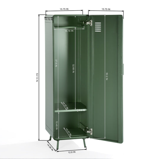 walnut locker cabinet - green metal - modern storage for bedroom or home office
