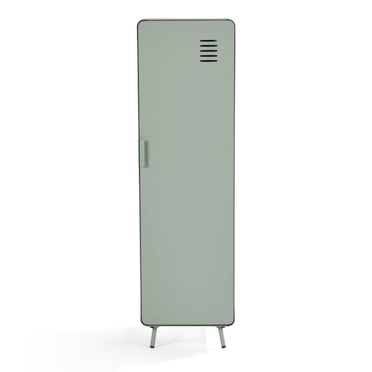 walnut locker cabinet - grey metal - modern storage for bedroom or home office